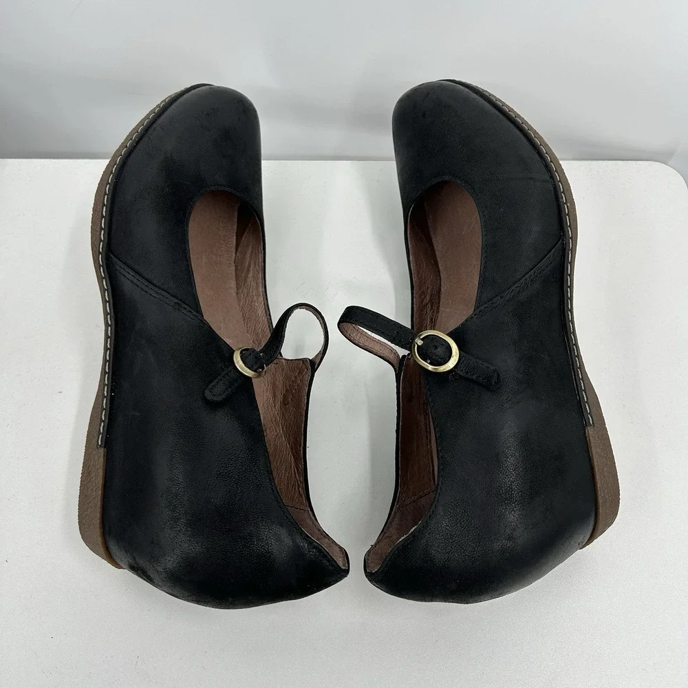 Dansko Womens Loralie Mary Jane Shoes SIze 39 Black Leather Hidden Wedge Comfort